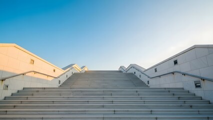 Low angle view of a wide, modern white staircase leading upward toward a clear blue sky, symbolizing career path, challenge, and progress