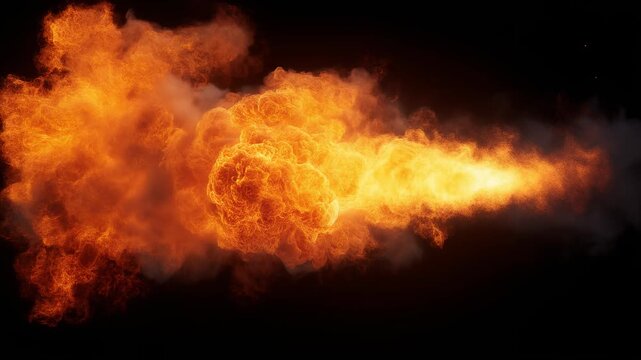 Spectacular flaming explosion with vibrant orange flames against a dark background for dramatic visuals