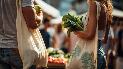  
Couple holding fresh vegetables in reusable cotton bags at local outdoor market perfect for eco lifestyle campaigns, sustainability concepts and healthy food promotions
