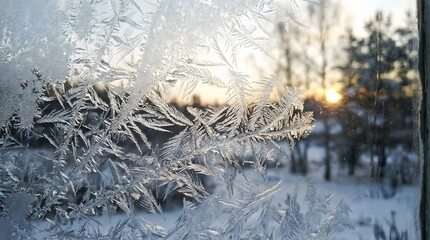 Close up view of ice crystals and frost patterns on a window pane with a winter landscape background suitable for seasonal holiday cards and cold weather concepts.