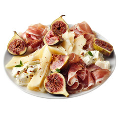 Italian appetizer prosciutto and cheeses served on white platter with figs cut out isolated on with white background(3)