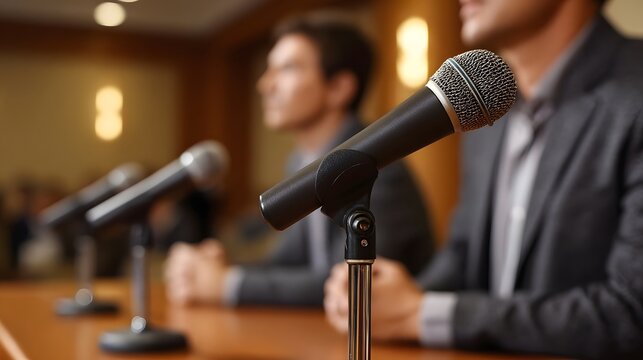 Professional microphones arranged on a table for a conference or business meeting with blurred participants in the background