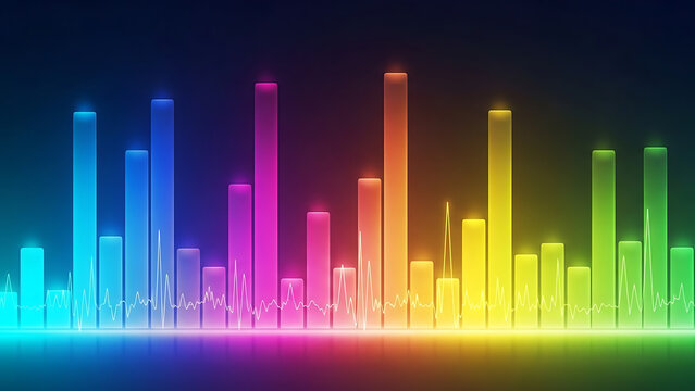 Digital spectrum analyzer displaying sound waves and musical frequency volume in rainbow neon colors