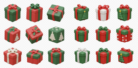 A collection of 3D rendered festive Christmas gift boxes in red and green with various ribbon designs and patterns.