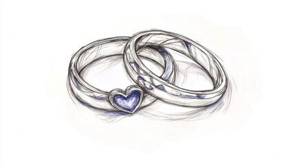 Hand drawn wedding rings with heart symbol simple black and white love sketch on plain background