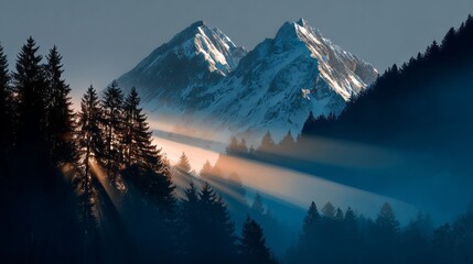 Rays of sunlight filter through tall trees, illuminating the misty forest below. Majestic mountains tower in the background, creating a serene and peaceful morning scene