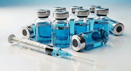 Medical Syringes and Vials with Blue Liquid for Vaccine Administration