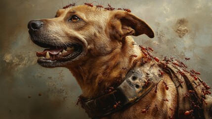 Surreal art of dog with ants symbolizing nature connection and transformation concept