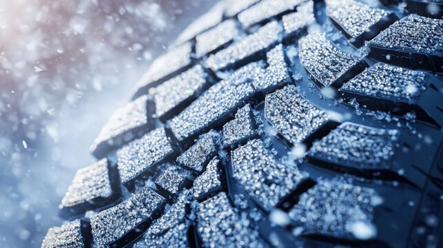 macro shot of tire tread pattern in winter conditions, snow crystals in high detail, calm bright atmosphere, technical automotive photography