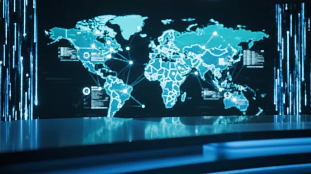 Modern news studio set with world map backdrop for broadcasting global events, business news, or financial updates in an innovative setting - Powered by Adobe