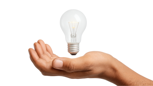 Idea in Hand: Man Holding a Light Bulb in Palm on White Background - Powered by Adobe