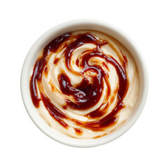 Mayonaise, Bechamel, Soy sauce, ketchup on white bowl, top view with transparent isolated on with white background(3)