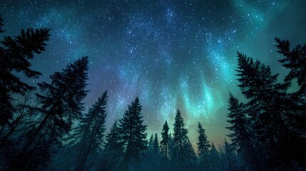 Naklejka premium Majestic northern lights glowing above tall pine trees in a dark winter forest with vibrant teal sky ideal for travel imagery, nature wallpapers, night landscapes and atmospheric visuals 