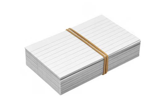 Stack of white lined index cards secured with two tan rubber bands isolated on a transparent background