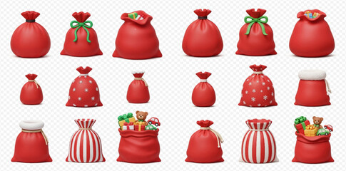 A collection of various red Christmas gift bags and Santa sacks, some filled with presents, on a transparent background.