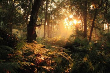 Obraz premium Sunlight filters through trees illuminating lush ferns in a tranquil forest setting during the golden hour