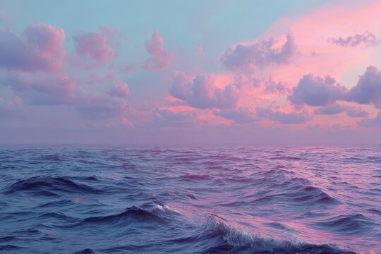 Beautiful blue ocean waves under a serene pink sky at sunset create a tranquil backdrop for a peaceful evening - Powered by Adobe