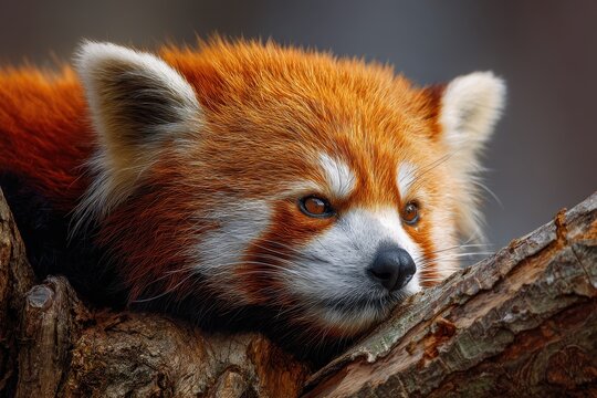 Red panda resting on a log in a natural habitat during the afternoon light, showcasing vibrant fur and calming demeanor