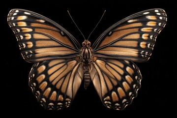 Fototapeta premium Milkweed butterfly perched on a black background showcasing its intricate patterns and vibrant colors captured in stunning detail