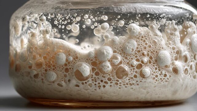 Macro Sourdough Fermentation Bubbles in Jar Showcase Texture, Movement, and Active Yeast in Fascinating Visual Display of Natural Fermentation Process