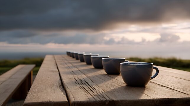 A line of dark mugs sits on a rustic wooden table against a dramatic sky with stormy clouds and ocean view at dawn