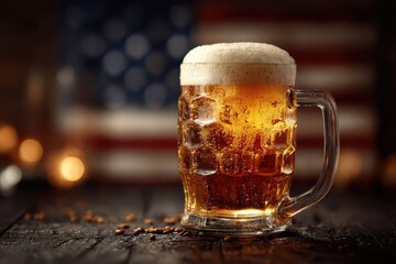 National Beer Day celebration features a frothy mug of beer against a backdrop of the American flag