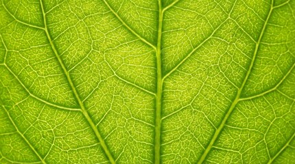 Macro shot of a bright green leaf structure highlighting the intricate vein network suitable for photosynthesis education and organic skincare product packaging.