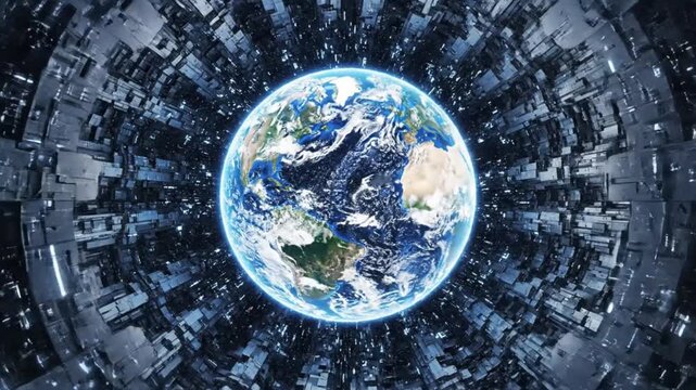 Earth glows in a futuristic tunnel, perfect for representing technology, space exploration, or global connectivity in a modern and compelling way