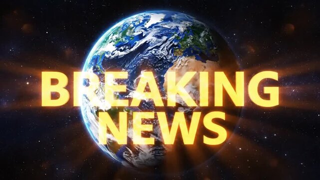 Breaking news alert with glowing text over earth in space for current events coverage, global headlines, and urgent report updates