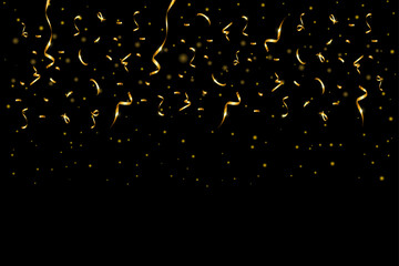 Decorative Realistic falling shiny gold confetti on the sides isolated on black background
