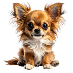 Small, fluffy, tan and white Chihuahua puppy sits and stares sweetly