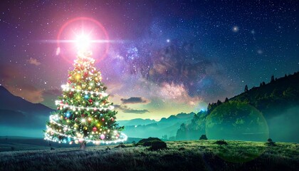 Naklejka premium Brightly lit Christmas tree in a natural landscape under a vibrant starry night sky with the Milky Way