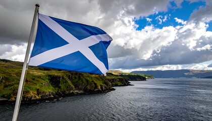 Scottish Flag Waving Proudly Over Loch Landscape, Scotland.