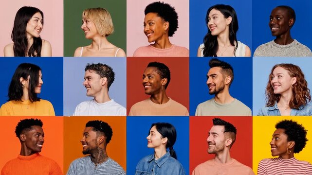 Grid of colorful portraits shows smiling people in different outfits and poses celebrating diversity friendship and vibrant modern lifestyle across playful studio backgrounds