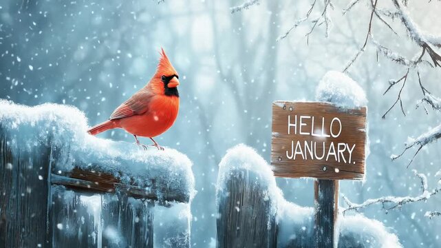 Red bird sitting on snowy fence with hello January sign in winter forest cold peaceful seasonal scene