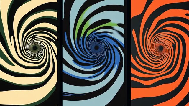 Three colorful swirl vortex patterns with bold contrast abstract shapes retro pop style visual background