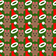 Christmas seamless pattern. Cute Christmas pattern with  cartoon brown bears, Santa hats, and festive shapes on a green background, perfect for holiday designs and cheerful seasonal decorations.