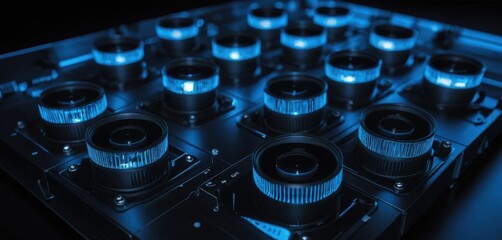 Close up of multiple glowing blue circular control knobs on a dark metallic panel High tech futuristic abstract design