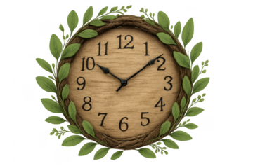 Wooden clock with green leaves wreath displaying time