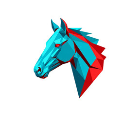 Abstract geometric horse head sculpture with red and blue colors isolated on transparent background