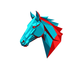 Abstract geometric horse head sculpture with red and blue colors isolated on transparent background