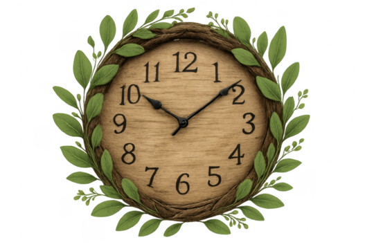 Wooden clock with green leaves wreath displaying time - Powered by Adobe