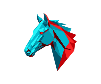Abstract geometric horse head sculpture with red and blue colors isolated on transparent background