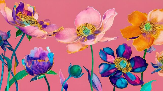 Animated pastel flowers bloom and sway on soft pink background creating dreamy botanical illustration that evokes spring romance gentle movement and playful floral design