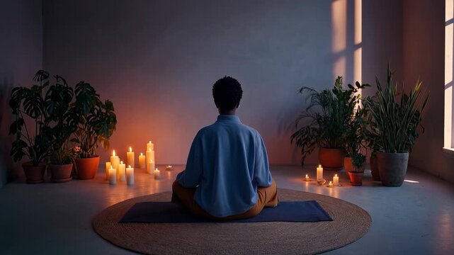 Person meditates on mat in candlelit room surrounded by plants and soft shadows creating tranquil atmosphere of mindfulness evening relaxation and peaceful home yoga practice