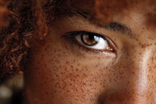 Intense close-up portrait showcasing the unique beauty of an African American featuring striking freckles and deep brown eyes