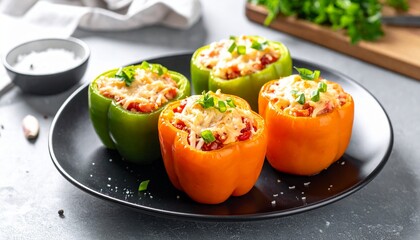 Colorful bell peppers, a culinary masterpiece, are stuffed with a delicious mixture, garnished with fresh herbs, offering a tempting vision of flavors on a sleek black plate.