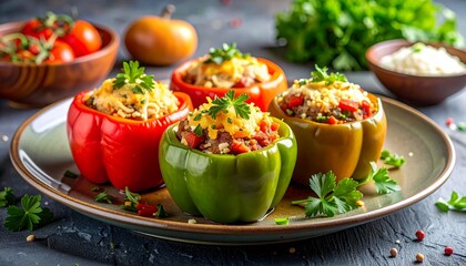 A mouthwatering plate of vibrant, stuffed bell peppers, showcasing culinary artistry and the enticing allure of a delightful meal.