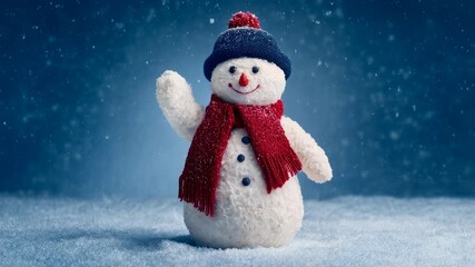 Cheerful felt snowman with knit hat and scarf smiles in glittering snowdrift under blue sky capturing playful holiday spirit cozy winter fantasy and family friendly seasonal scene - Powered by Adobe