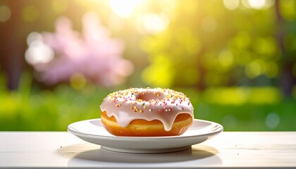 A mouthwatering donut, glazed to perfection and adorned with colorful sprinkles, is presented on a pristine white plate, creating a delectable visual amidst a blurred natural backdrop.